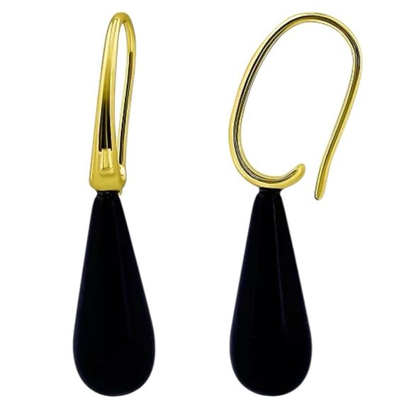 Macy's 14K Gold Plated Genuine Onyx Stone Teardrop Earrings - Picture 2 of 9